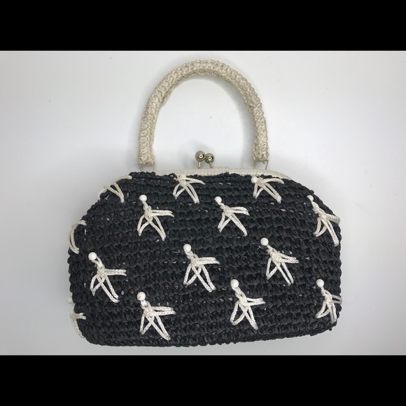 Sarne Vintage Black White Raffia Bead Purse Handbag - Picture 1 of 8